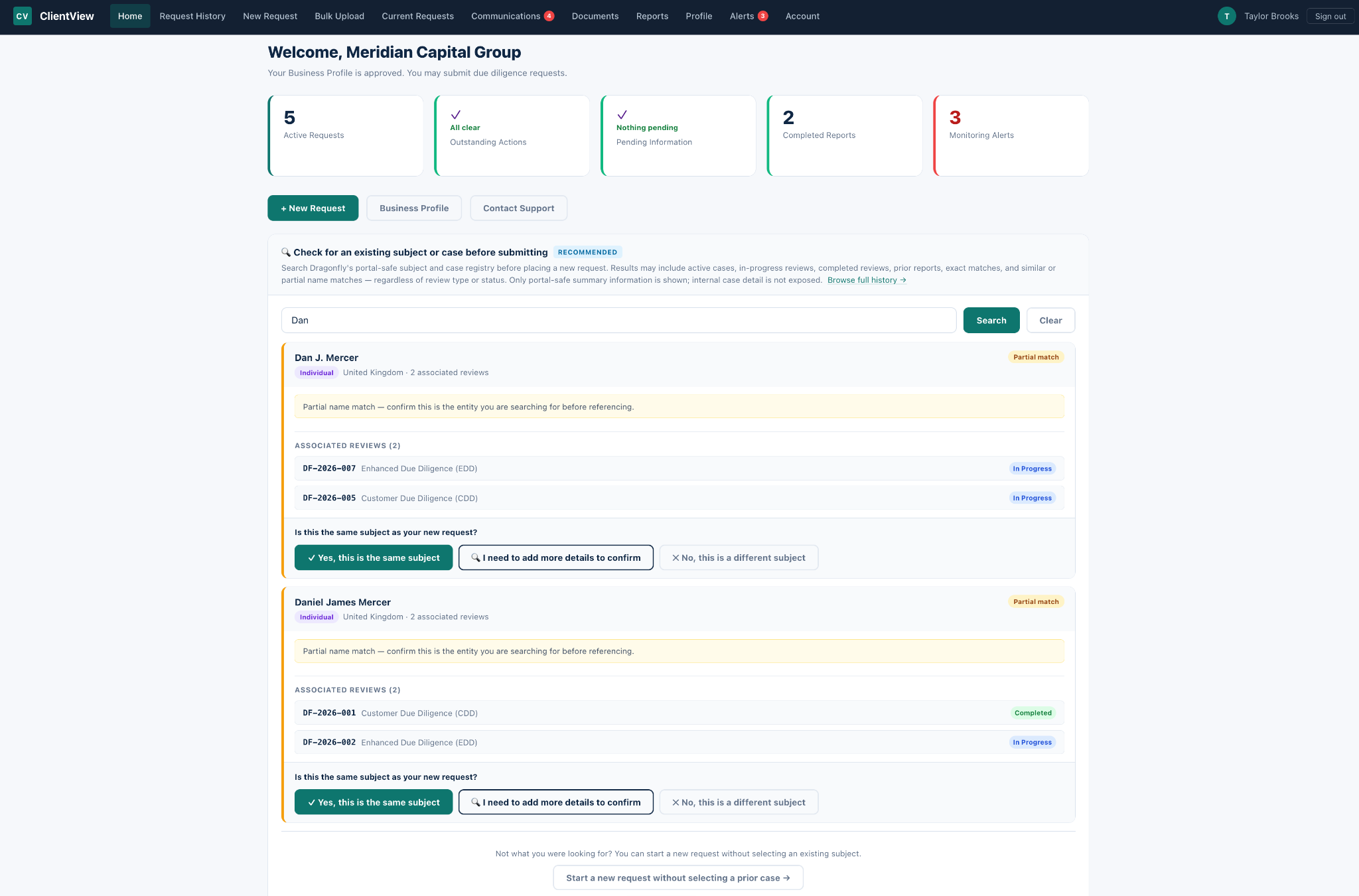 ClientView prior diligence search before request submission